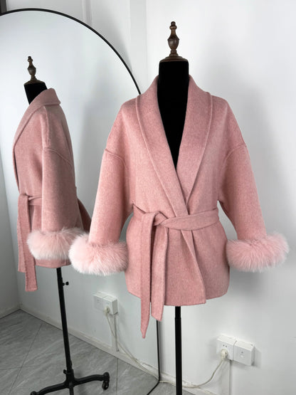 TARUXY Fox Fur Woolen Coats Women's Short Coat Office Lady Removable Elegant Double-sided Wool Overcoat 2025 New Cardigan Jacket