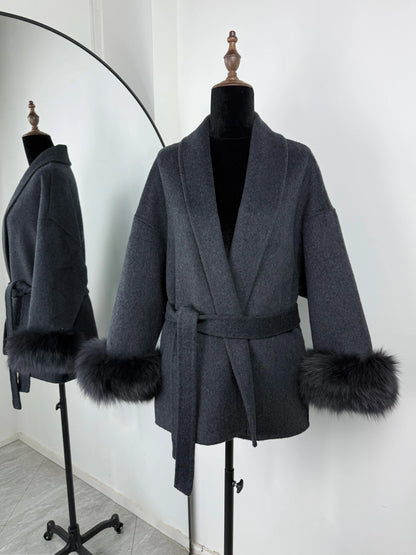 TARUXY Fox Fur Woolen Coats Women's Short Coat Office Lady Removable Elegant Double-sided Wool Overcoat 2025 New Cardigan Jacket