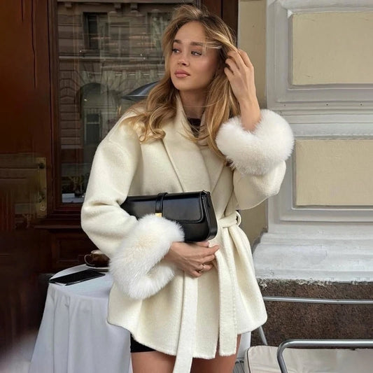 TARUXY Fox Fur Woolen Coats Women's Short Coat Office Lady Removable Elegant Double-sided Wool Overcoat 2025 New Cardigan Jacket